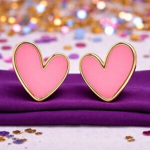 Pink Enamel Heart Stud Earrings Gold Tone Hypoallergenic Gift for Girls & Teen